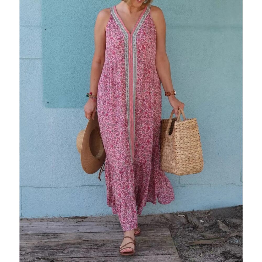 J.Jill Large Petite Floral Sleeveless Pink Flowy Midi Dress Beachy Vacation